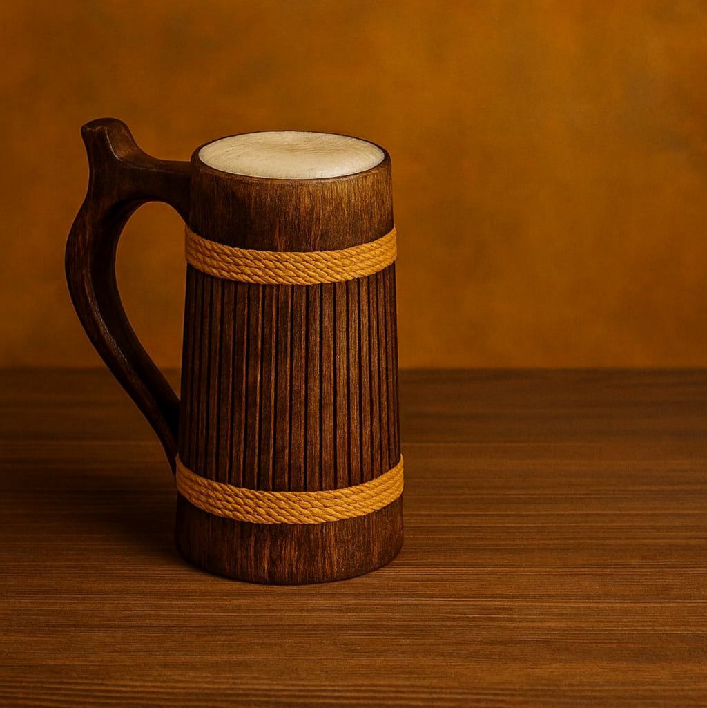 Rustic Tall Wooden Beer Mug with Rope Accents – 700ml Vintage Stein