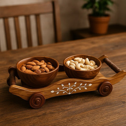 Wooden Serving Trolley – Handcrafted Decorative Tray with Bowls
