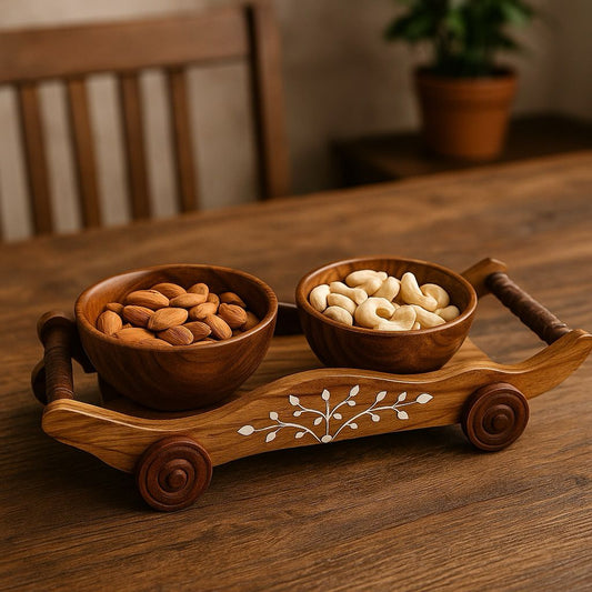 Wooden Serving Trolley – Handcrafted Decorative Tray with Bowls