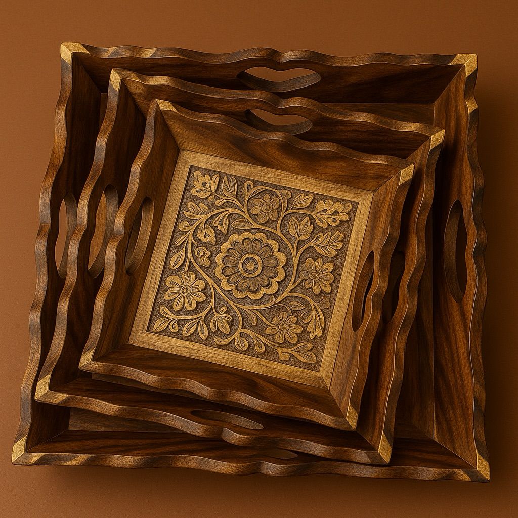 Handcrafted Wooden Tray with Burnt Carving – Square Decorative Tray (15 x 10 Inch)