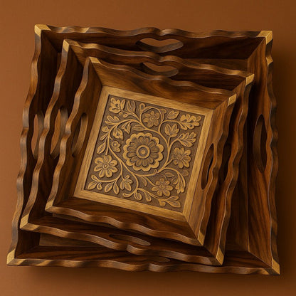Handcrafted Wooden Tray with Burnt Carving – Square Decorative Tray (15 x 10 Inch)