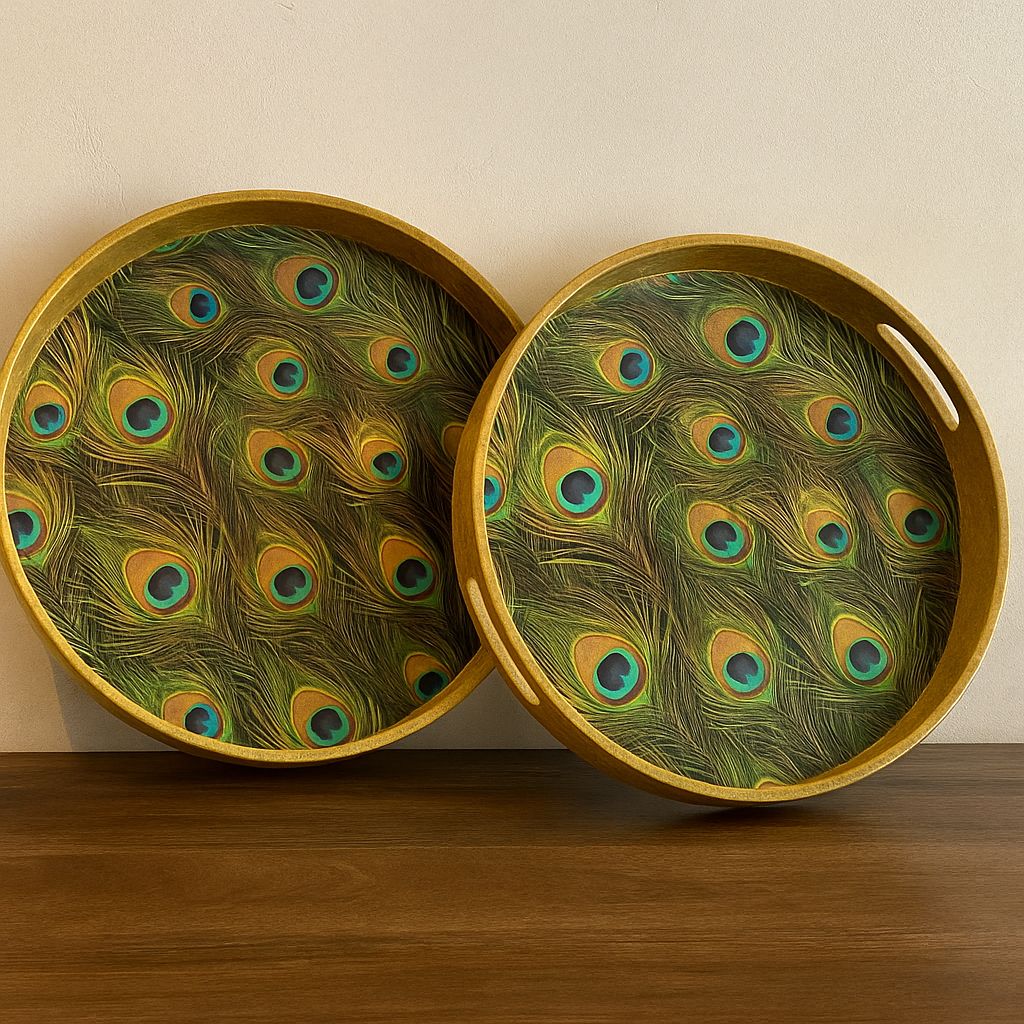 Meena Art Round Tray Set with Peacock Motif – Handcrafted Indian Décor