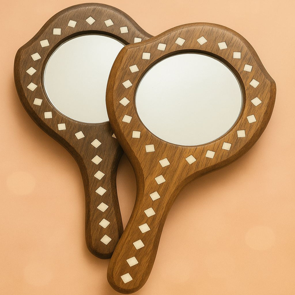 Handcrafted Wooden Hand Mirror – Traditional Design (8 x 5 inches) (2 Pieces)