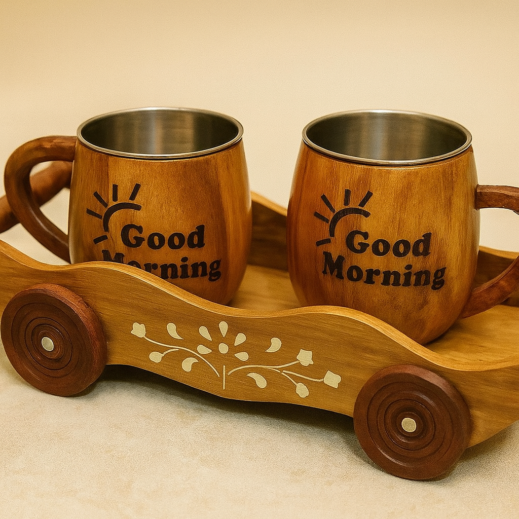 “Good Morning” Mug Set with Decorative Cart Tray – Stainless Steel Lined