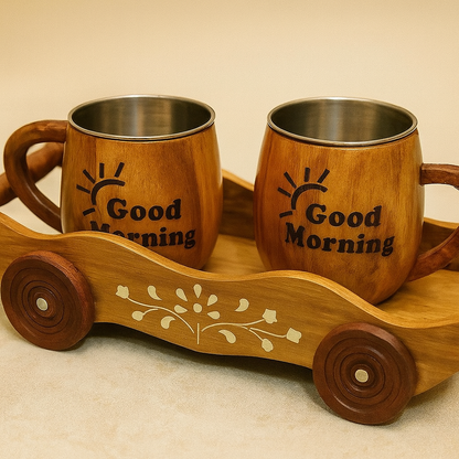 “Good Morning” Mug Set with Decorative Cart Tray – Stainless Steel Lined