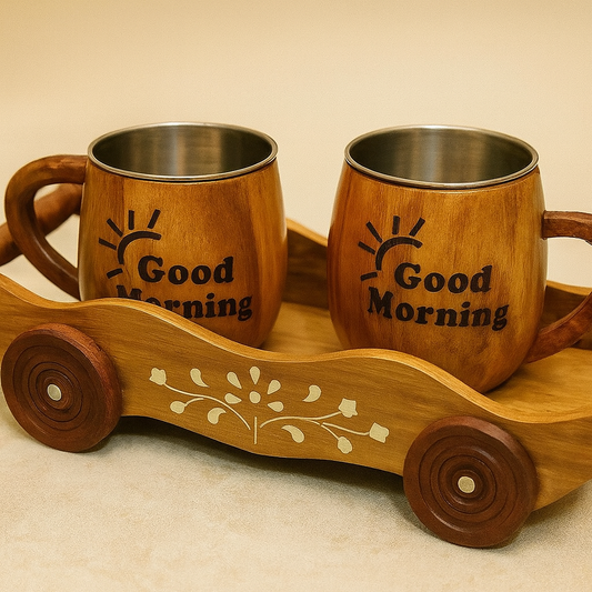 “Good Morning” Mug Set with Decorative Cart Tray – Stainless Steel Lined