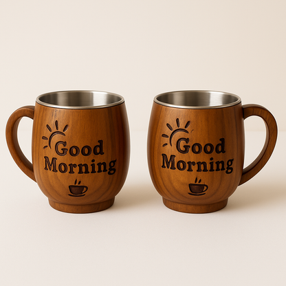 “Good Morning” Mug Set with Decorative Cart Tray – Stainless Steel Lined