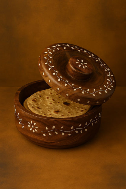 Handcrafted Wooden Chapati Box with Lid – Round Roti Storage Container
