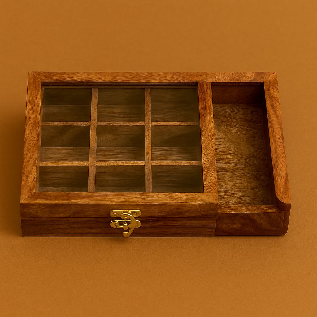 Wooden Masala Box with Side Section – 8x8 inches, Kitchen Storage