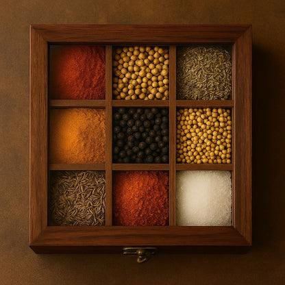 Handcrafted Wooden Masala Box  - 9 Compartment Spice Organizer