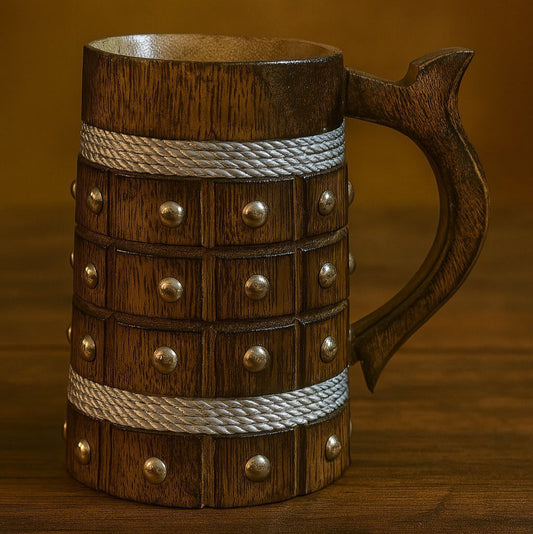 Medieval Wooden Beer Mug with Studded Detailing & Rope Accents - 500ml