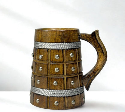 Medieval Wooden Beer Mug with Studded Detailing & Rope Accents - 500ml