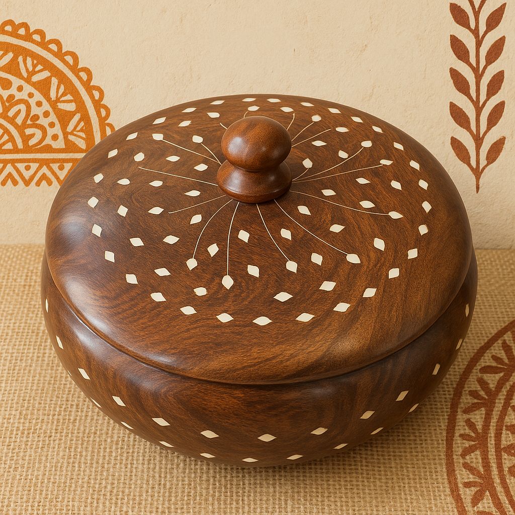 Handcrafted Wooden Chapati Box with Lid – Round Roti Storage Container
