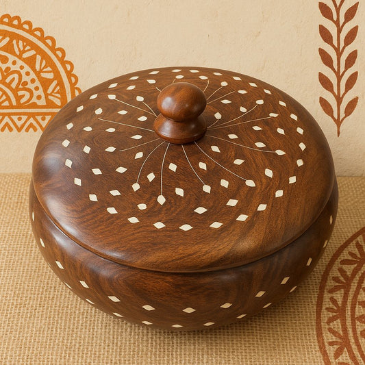 Handcrafted Wooden Chapati Box with Lid – Round Roti Storage Container