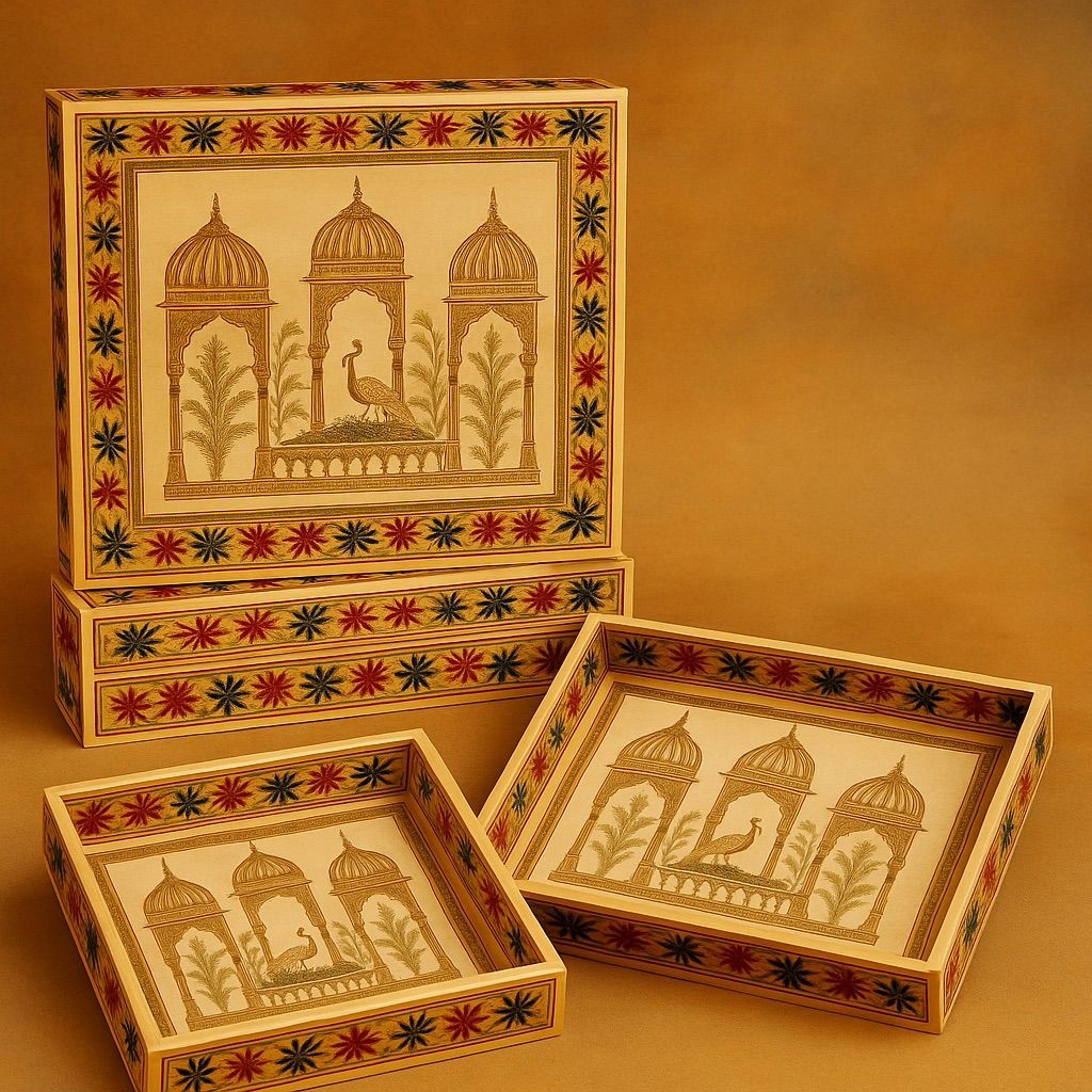 Square Wooden Minakari Tray – Hand-Painted Serving & Decorative Tray