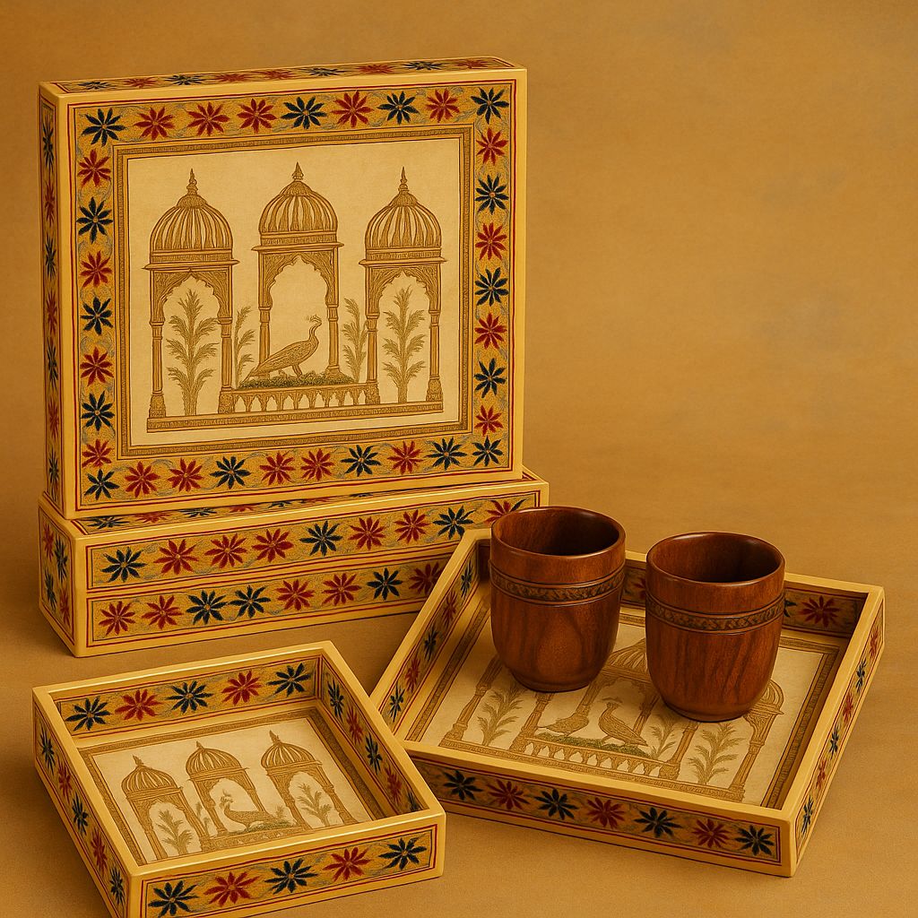 Square Wooden Minakari Tray – Hand-Painted Serving & Decorative Tray
