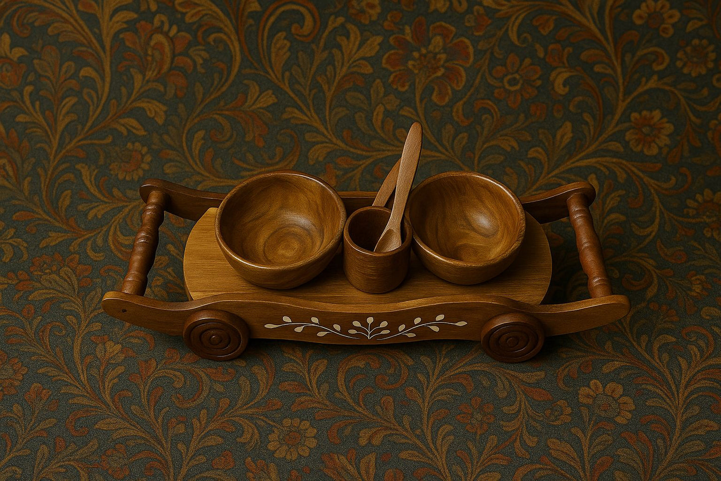 Wooden Serving Trolley – Handcrafted Decorative Tray with Bowls