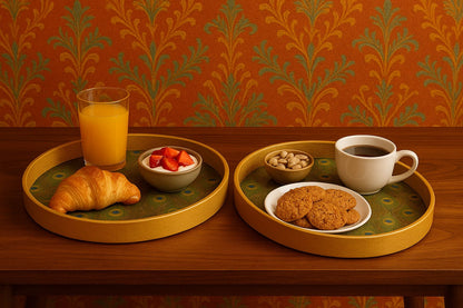 Meena Art Round Tray Set with Peacock Motif – Handcrafted Indian Décor