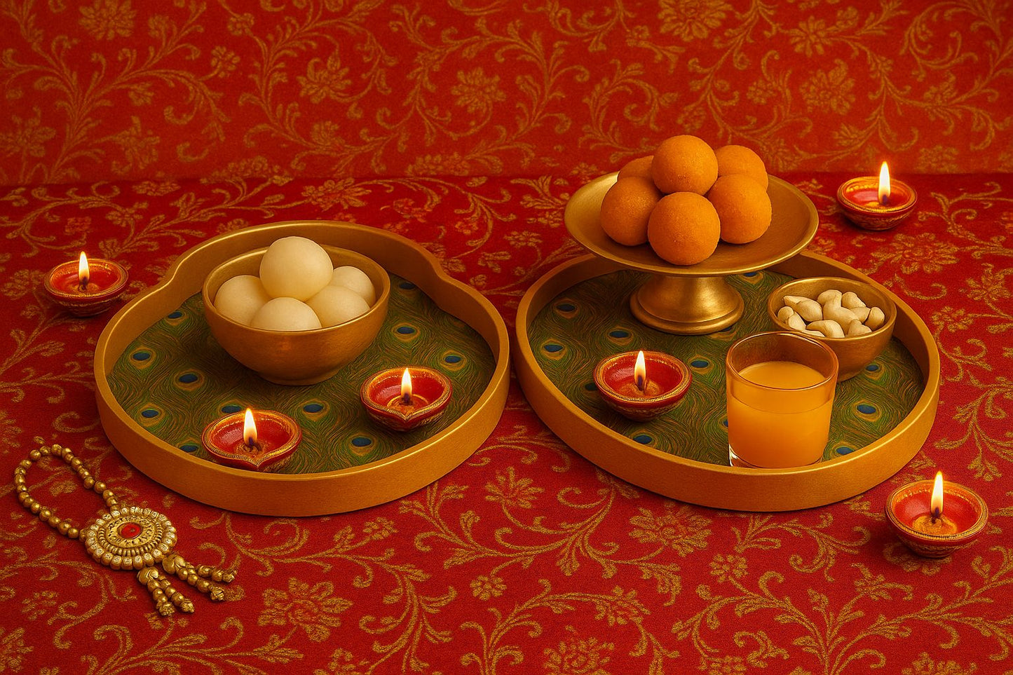 Meena Art Round Tray Set with Peacock Motif – Handcrafted Indian Décor