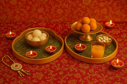 Meena Art Round Tray Set with Peacock Motif – Handcrafted Indian Décor