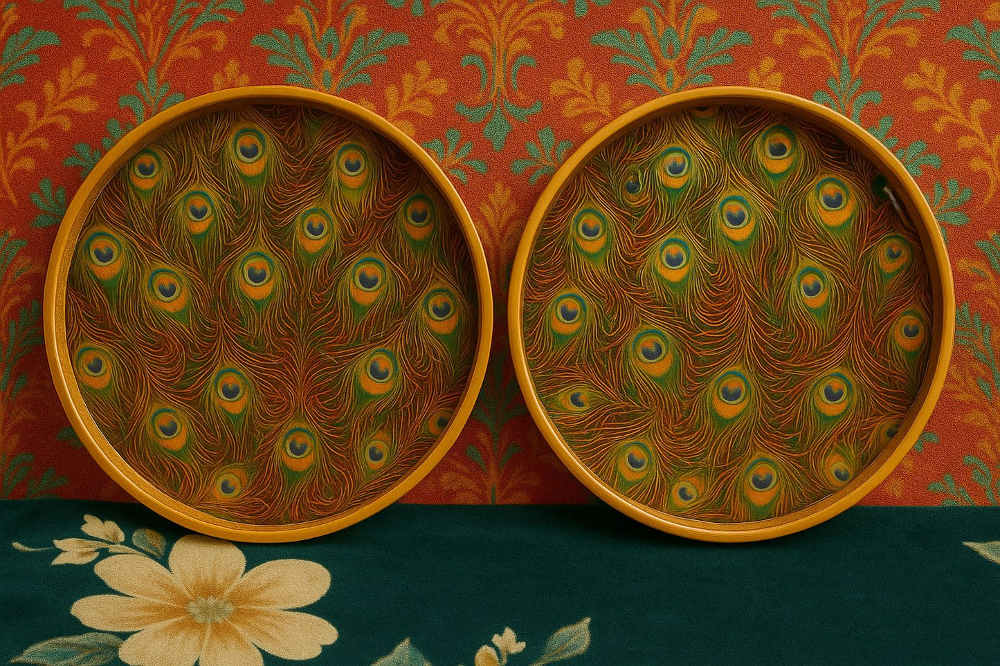 Meena Art Round Tray Set with Peacock Motif – Handcrafted Indian Décor