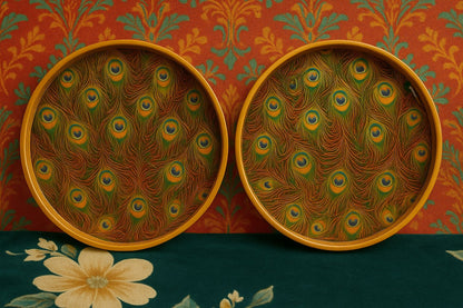 Meena Art Round Tray Set with Peacock Motif – Handcrafted Indian Décor