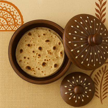 Handcrafted Wooden Chapati Box with Lid – Round Roti Storage Container