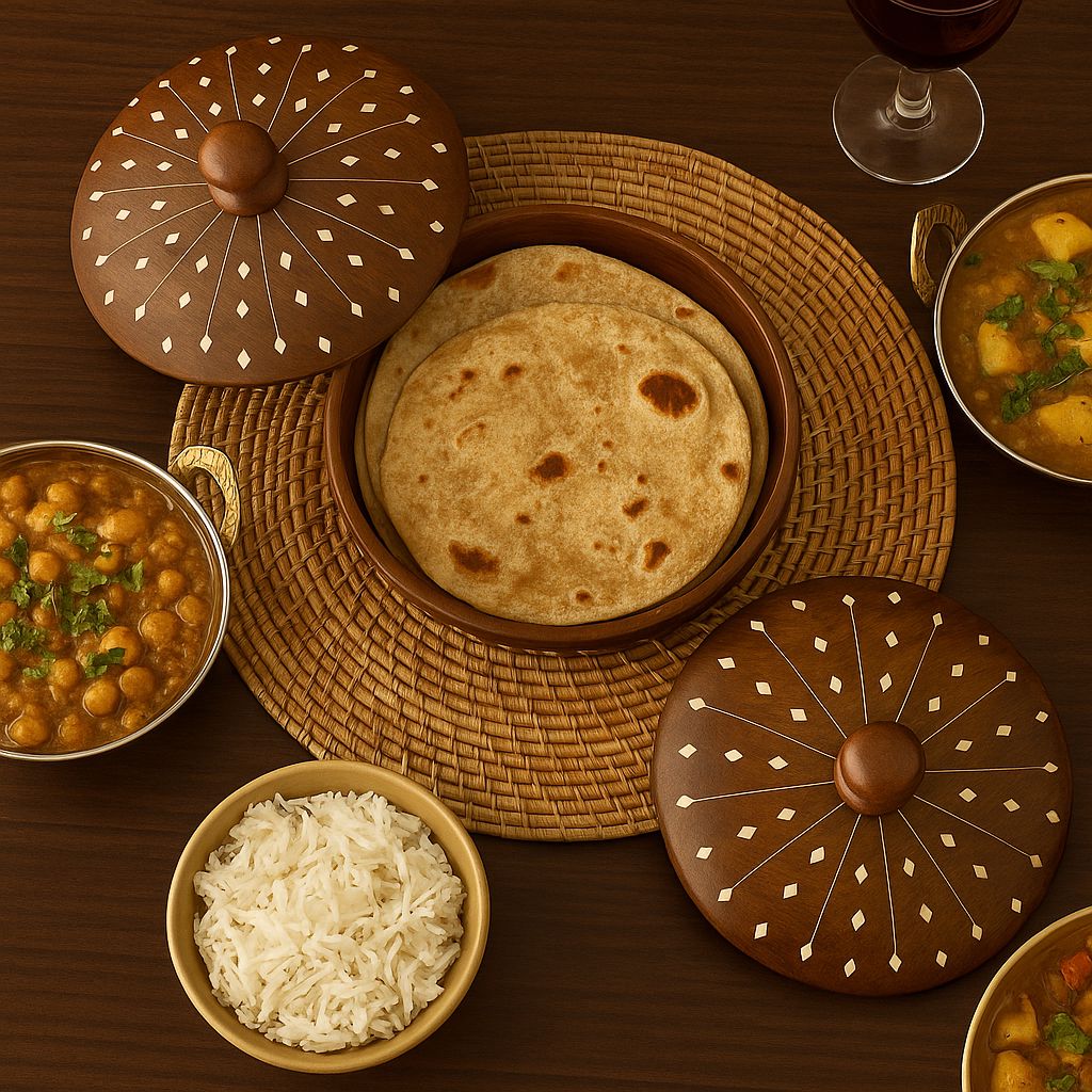 Handcrafted Wooden Chapati Box with Lid – Round Roti Storage Container