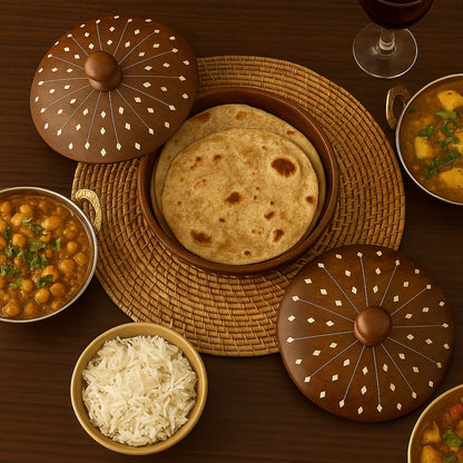 Handcrafted Wooden Chapati Box with Lid – Round Roti Storage Container