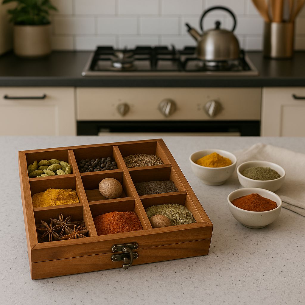 Handcrafted Wooden Masala Box  - 9 Compartment Spice Organizer