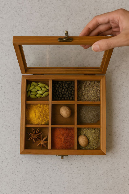 Handcrafted Wooden Masala Box  - 9 Compartment Spice Organizer