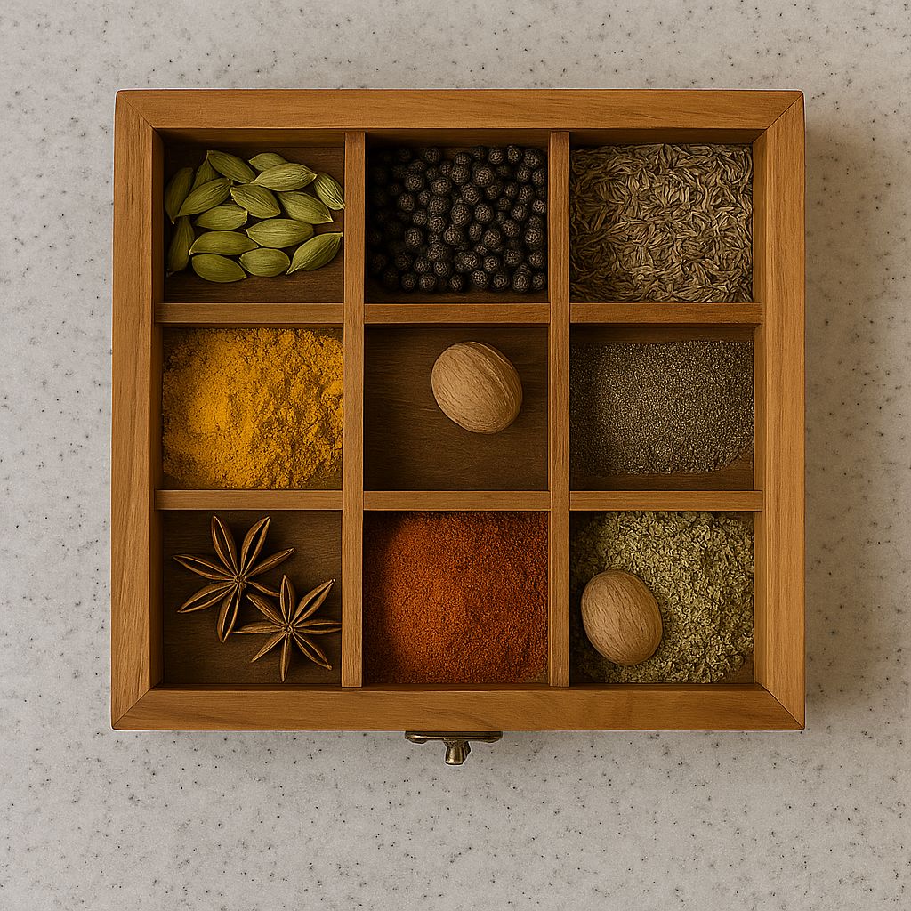 Handcrafted Wooden Masala Box  - 9 Compartment Spice Organizer