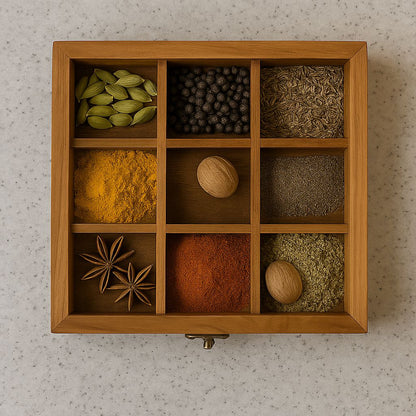 Handcrafted Wooden Masala Box  - 9 Compartment Spice Organizer
