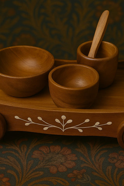 Wooden Serving Trolley – Handcrafted Decorative Tray with Bowls