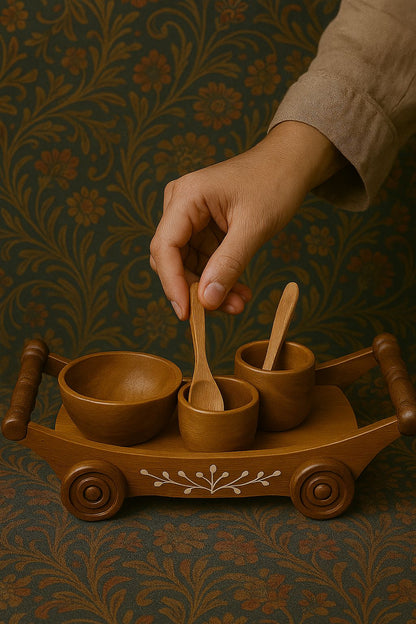 Wooden Serving Trolley – Handcrafted Decorative Tray with Bowls