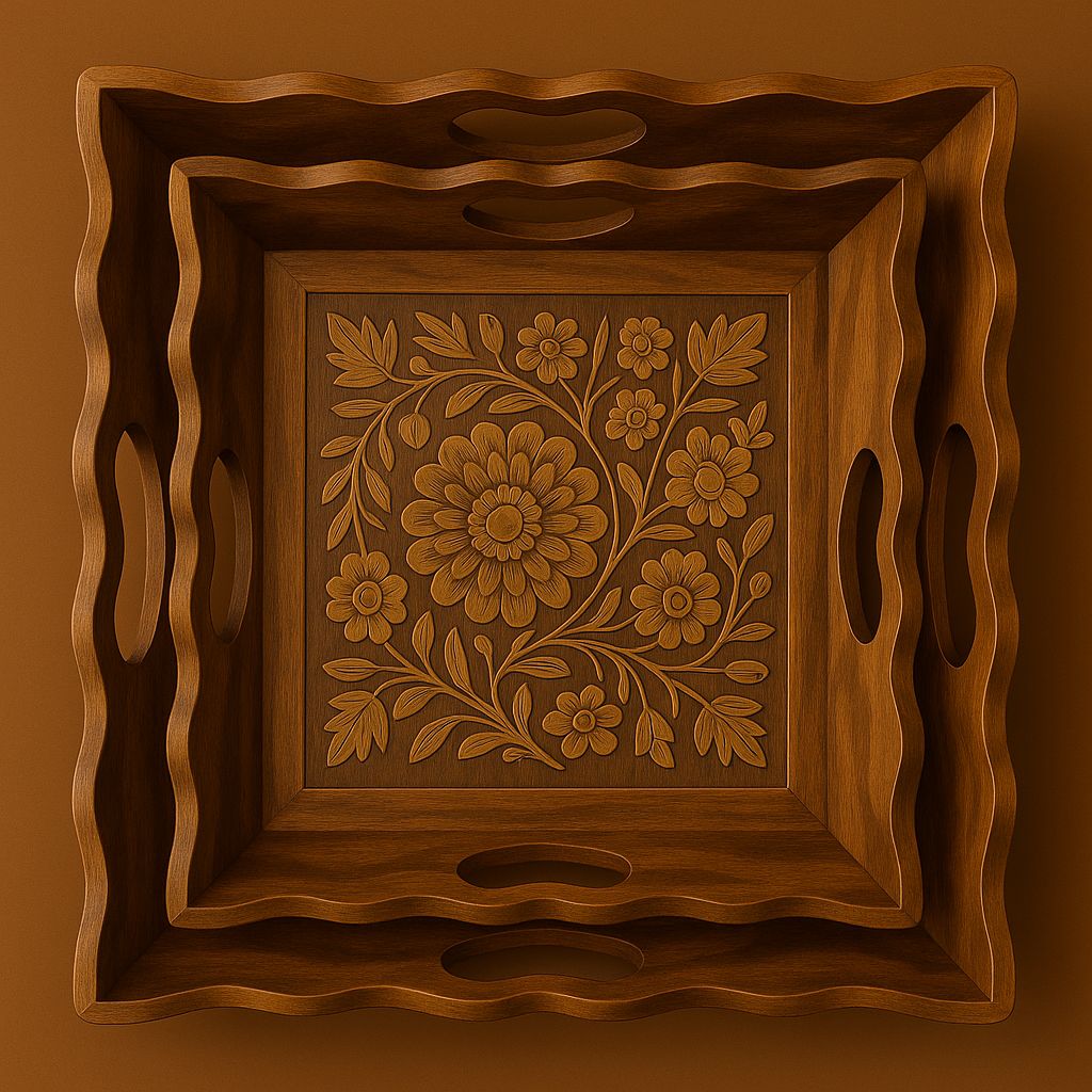 Handcrafted Wooden Tray with Burnt Carving – Square Decorative Tray (15 x 10 Inch)