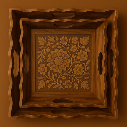 Handcrafted Wooden Tray with Burnt Carving – Square Decorative Tray (15 x 10 Inch)