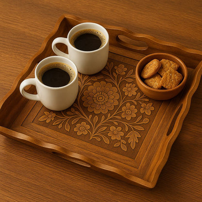 Handcrafted Wooden Tray with Burnt Carving – Square Decorative Tray (15 x 10 Inch)