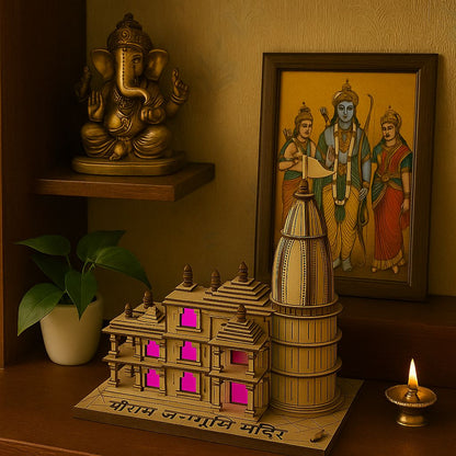 Handcrafted Wooden Ram Mandir – Miniature Temple for Home Decor & Worship