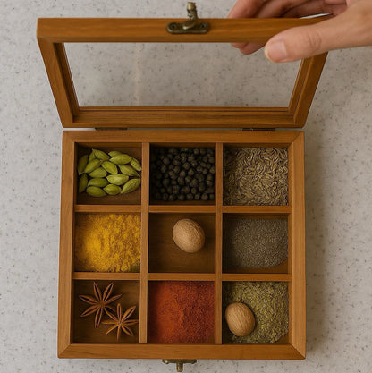 Handcrafted Wooden Masala Box  - 9 Compartment Spice Organizer