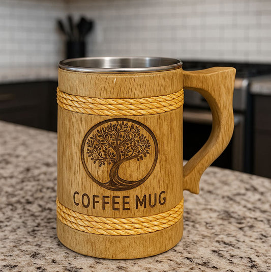 Rustic Wooden Barrel Mug with Stainless Steel Lining – 250ml