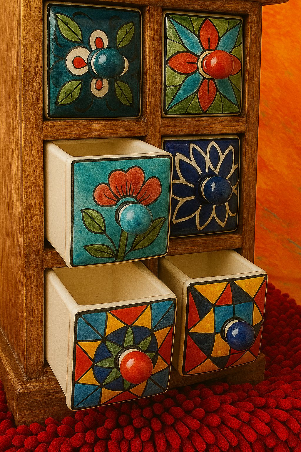 Miniature Wooden Almirah with Ceramic Drawers – 6 Inch Decorative Storage Cabinet