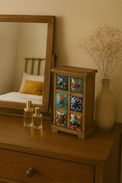 Miniature Wooden Almirah with Ceramic Drawers – 6 Inch Decorative Storage Cabinet