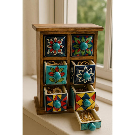 Miniature Wooden Almirah with Ceramic Drawers – 6 Inch Decorative Storage Cabinet